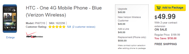 Deal - Verizon HTC One for $50 at BestBuy on 2-year contract