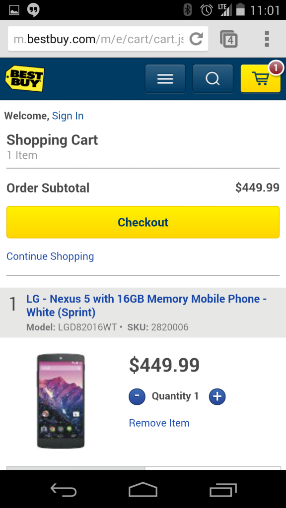 Full Price Nexus 5 in cart